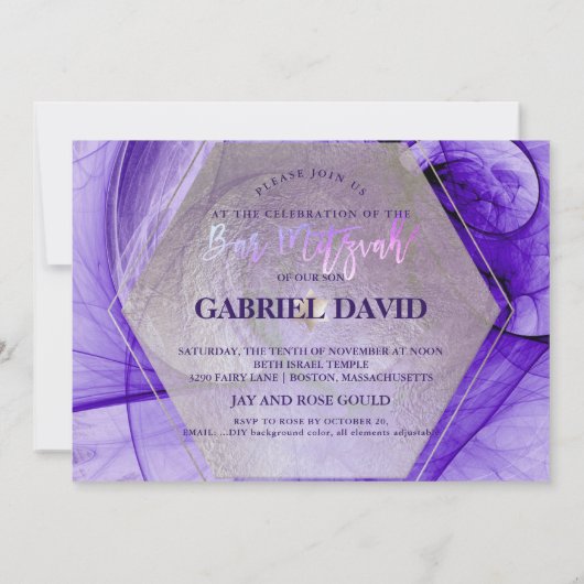 PixDezines Bar Mitswa Zilver/Ultra Violet Fractal Kaart (Achterkant)