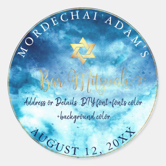 PixDezines Bar Mitzvah Aqua Blue Waterverf Ronde Sticker (Voorkant)