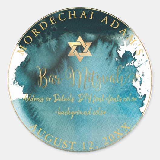 PixDezines Bar Mitzvah Blauwgroen groene Waterverf Ronde Sticker (Voorkant)