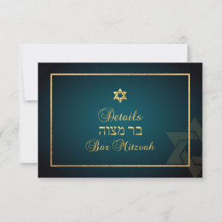 PixDezines Bar Mitzvah Details info teal+goud RSVP Kaartje