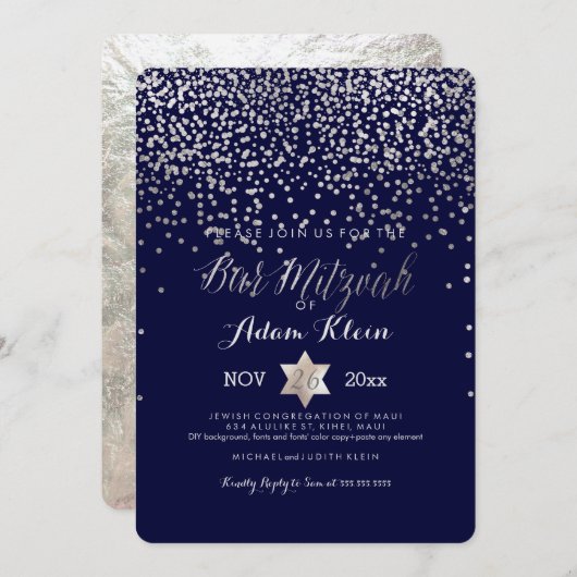 PixDezines Bar Mitzvah/Faux Silver Confetti Kaart (Voorkant / Achterkant)