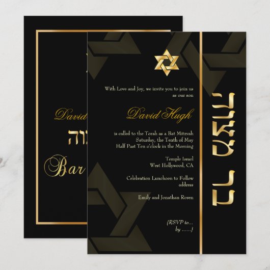 PixDezines Bar Mitzvah/Hebreeuws/zwart/goud Kaart (Voorkant / Achterkant)