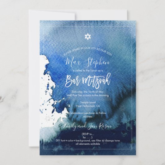 PixDezines Bar Mitzvah |Marineblauwe Waterverf Kaart (Achterkant)