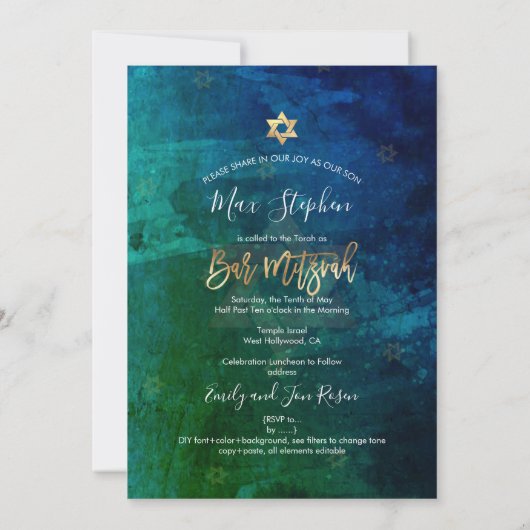 PixDezines Bar Mitzvah Navy+Emerald Waterverf Kaart (Achterkant)