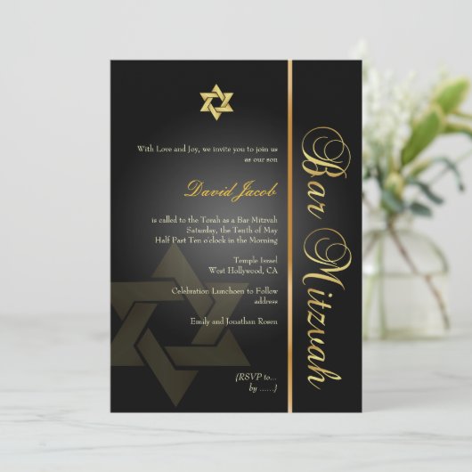 PixDezines BAR MITZVAH/STAR VAN DAVID/GOLD+BLACK Kaart (Staand voorkant)