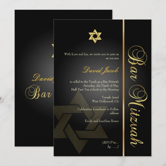 PixDezines BAR MITZVAH/STAR VAN DAVID/GOLD+BLACK Kaart (Voorkant / Achterkant)