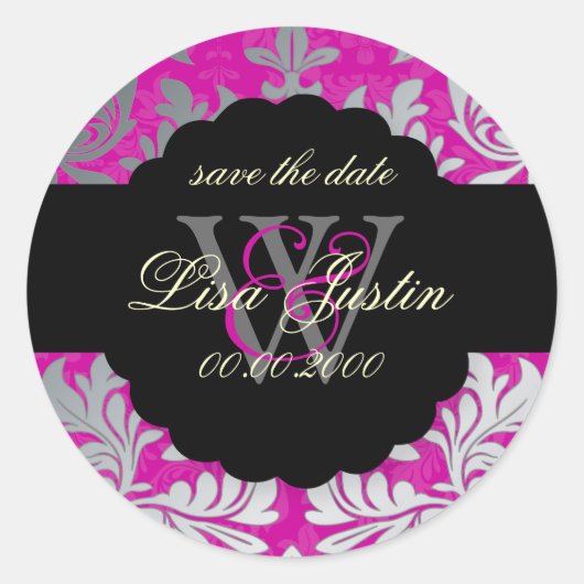 PixDezines Barok Damask/Faux Silver+Pink/Magenta Ronde Sticker (Voorkant)