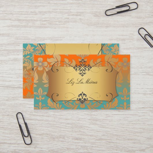 PixDezines  Barokdemask/blauwgroen+oranje Visitekaartje (Voorkant / Achterkant in situ)