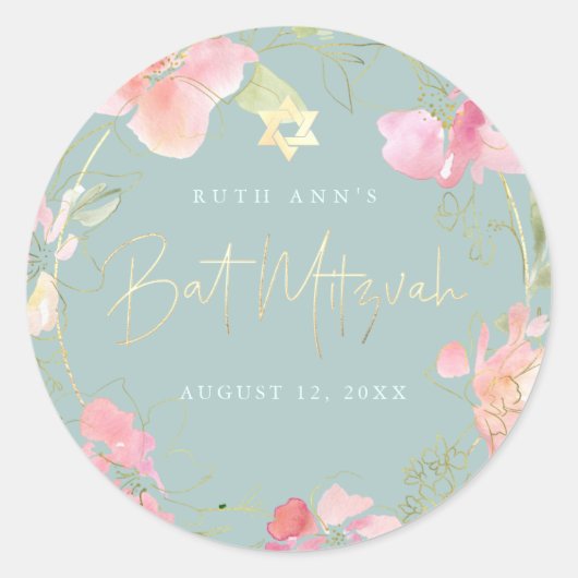PixDezines Bat Mitzvah, Bloemen Waterverf, Blozen Ronde Sticker (Voorkant)