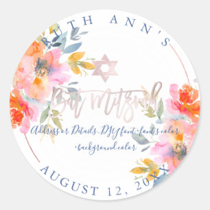 PixDezines Bat Mitzvah, Bloemen Waterverf, Ombre Ronde Sticker