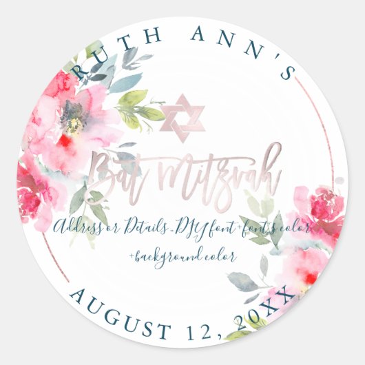 PixDezines Bat Mitzvah, Bloemen Waterverf, Ombre Ronde Sticker (Voorkant)