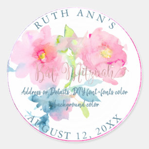 PixDezines Bat Mitzvah, Bloemen Waterverf Ronde Sticker