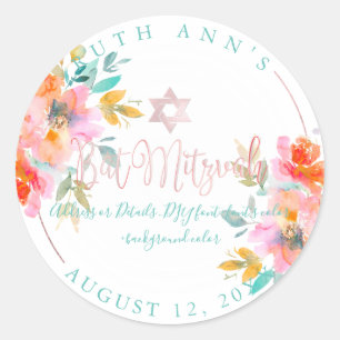 PixDezines Bat Mitzvah, Bloemen Waterverf, Sinaasa Ronde Sticker