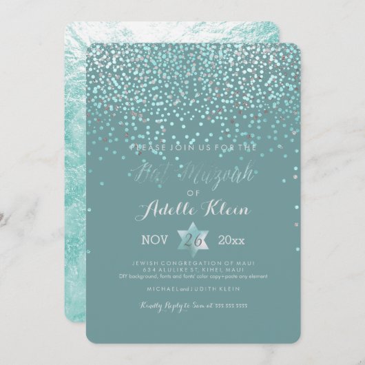 PixDezines Bat Mitzvah/Blue Confetti Kaart (Voorkant / Achterkant)