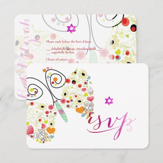 PixDezines Bat Mitzvah/butterflies RSVP Kaartje (Voorkant / Achterkant)