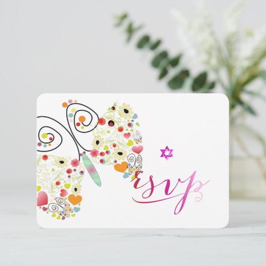 PixDezines Bat Mitzvah/butterflies RSVP Kaartje (Staand voorkant)