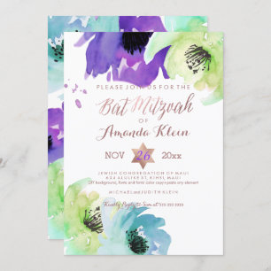 PixDezines ✡ Bat Mitzvah/Floral Waterverf Kaart