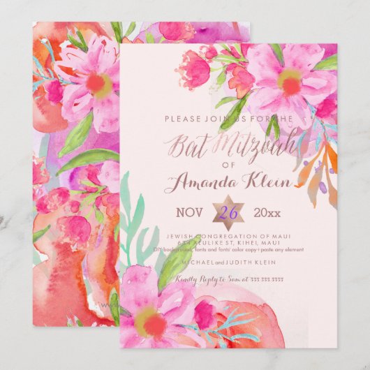 PixDezines ✡ Bat Mitzvah/Floral Waterverf Kaart (Voorkant / Achterkant)