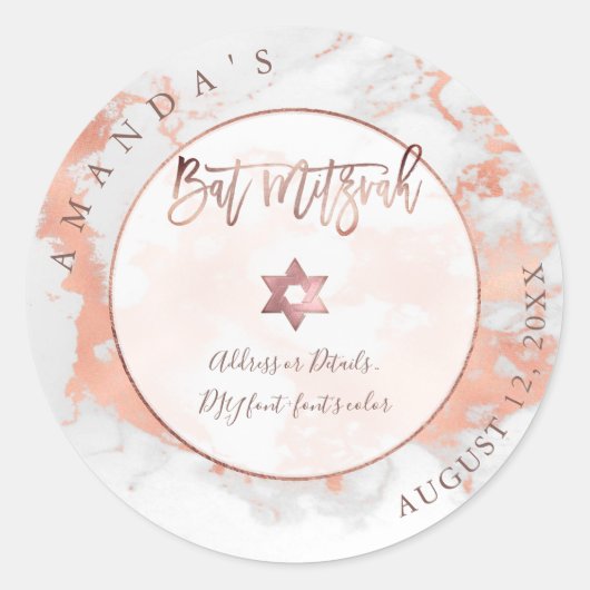 PixDezines Bat Mitzvah Marble Faux Rose Gold Adere Ronde Sticker (Voorkant)