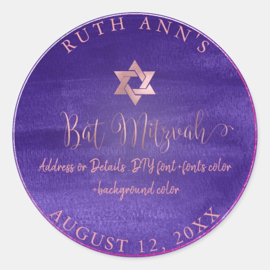 PixDezines Bat Mitzvah, Paarse Violet Waterverf Ronde Sticker (Voorkant)