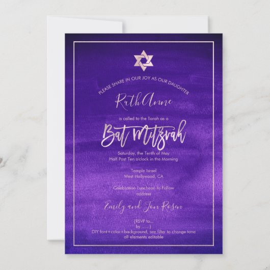 PixDezines Bat Mitzvah |Paarse Waterverf Kaart (Achterkant)