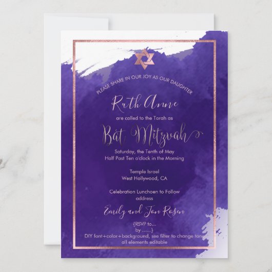 PixDezines Bat Mitzvah |Paarse Waterverf Kaart (Achterkant)