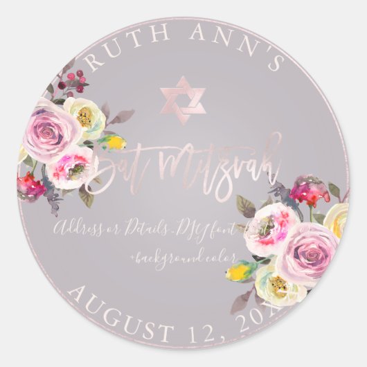 PixDezines Bat Mitzvah, Pastel Bloemen Waterverf Ronde Sticker (Voorkant)