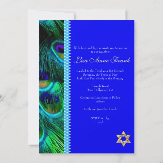 PixDezines Bat Mitzvah + Peacock Feather Kaart (Achterkant)