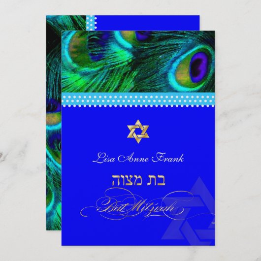 PixDezines Bat Mitzvah + Peacock Feather Kaart (Voorkant / Achterkant)