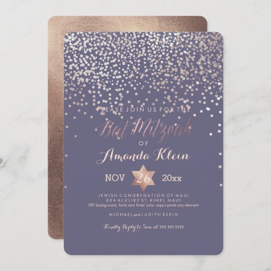 PixDezines Bat Mitzvah/Roos Gold/Confetti Kaart (Voorkant / Achterkant)