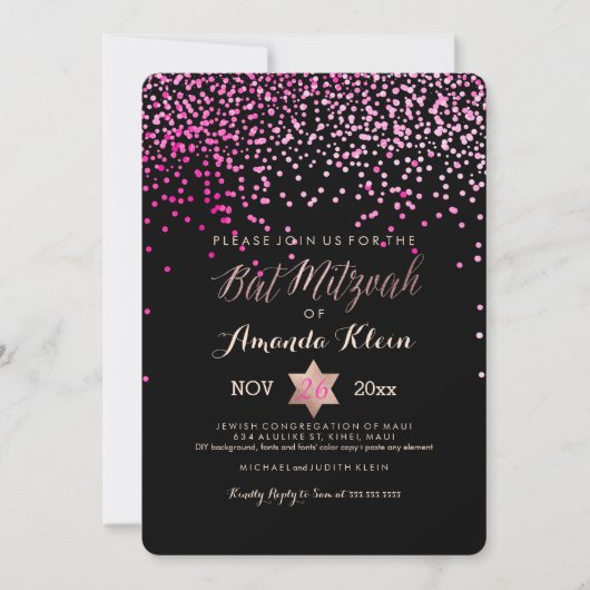 PixDezines Bat Mitzvah/Roze/Roos Gold/Confetti Kaart (Voorkant)