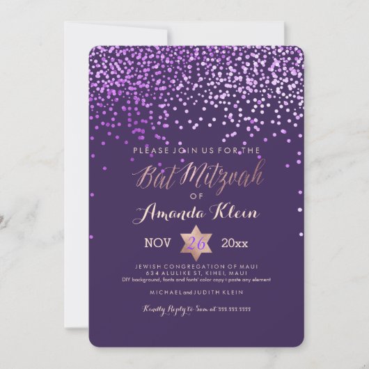 PixDezines Bat Mitzvah/Roze/Roos Goud/Confetti Kaart (Voorkant)