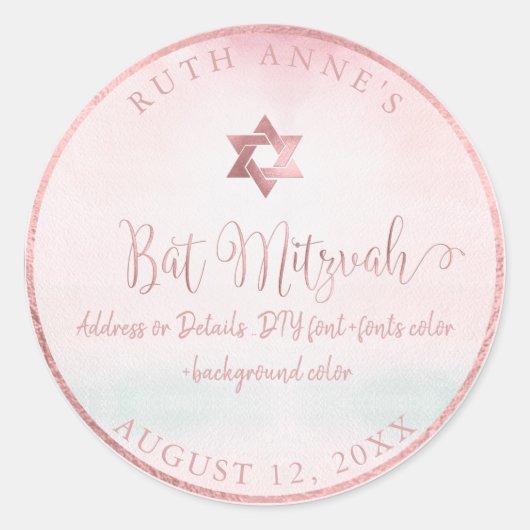 PixDezines Bat Mitzvah Roze Waterverf Ronde Sticker (Voorkant)