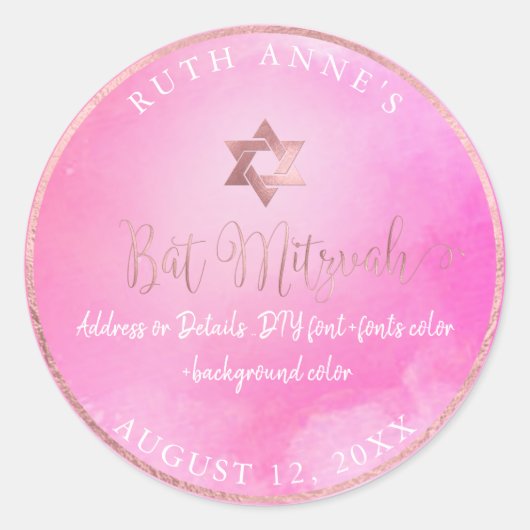 PixDezines Bat Mitzvah Roze Waterverf Ronde Sticker (Voorkant)