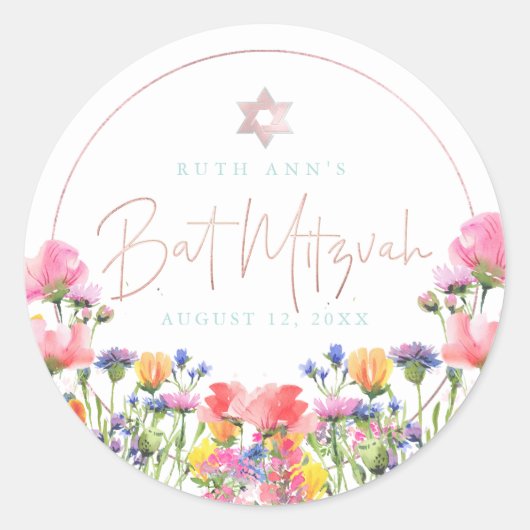 PixDezines Bat Mitzvah, Waterverf Wildflower Ronde Sticker (Voorkant)