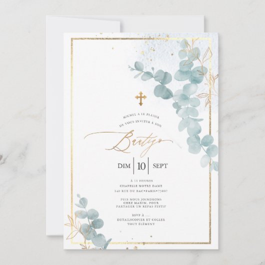 PixDezines Bautizo Eucalipto Rústico Acuarela Kaart (Voorkant)