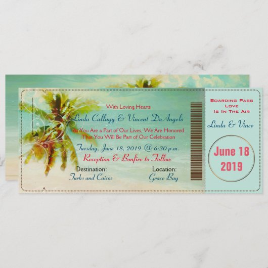 PixDezines  Beach Boarding Pass Kaart (Voorkant / Achterkant)