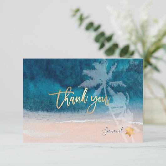 PixDezines Beach Palm Trees Bar Mitzvah Dank u Kaart (Staand voorkant)