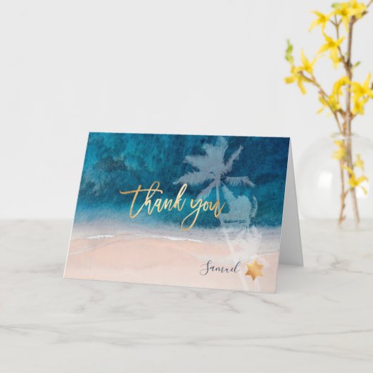 PixDezines Beach Palm Trees Mitzvah Dank u Kaart (Gele Bloem)