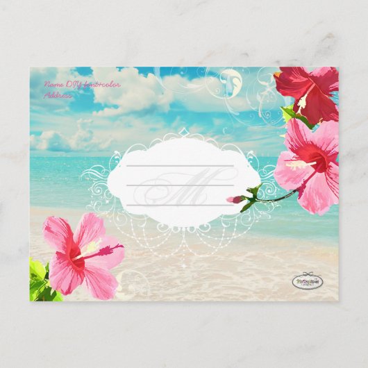 PixDezines beach+pink maui hibiscus bewaar de datu Aankondigingskaart (Achterkant)