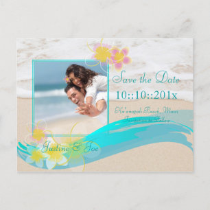 PixDezines beach+plumeria, datum opslaan/doe-het-z Aankondigingskaart