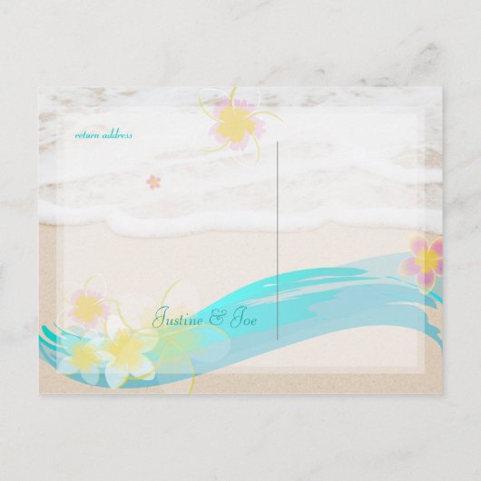 PixDezines beach+plumeria, datum opslaan/doe-het-z Aankondigingskaart (Achterkant)