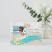 PixDezines beach+plumeria, datum opslaan/doe-het-z Aankondigingskaart (Staand voorkant)