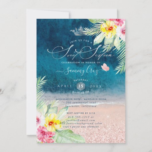 PixDezines Beach Sweet Sixteen Deep Blue Zee Kaart (Achterkant)