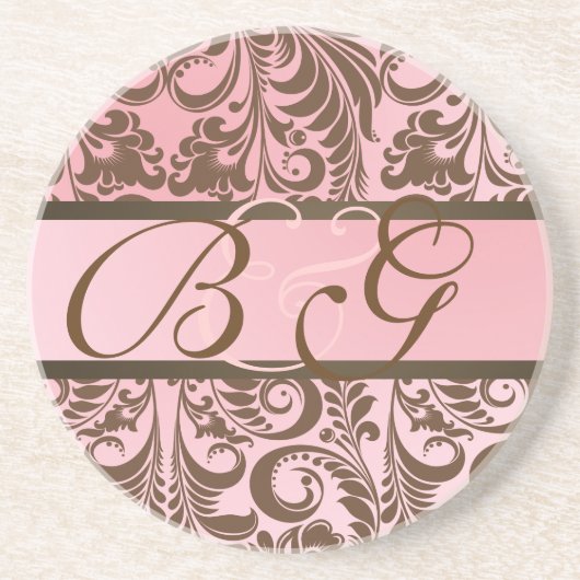 PixDezines Bellissimo Damask, Monogram Wedding Zandsteen Onderzetter (Voorkant)