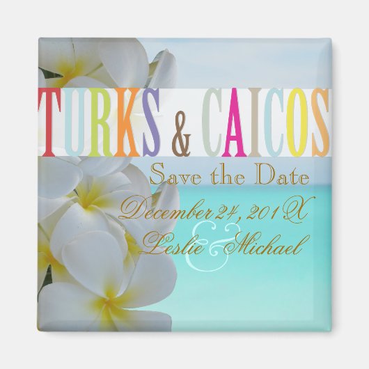 PixDezines Bewaar Datum Turken, Strand+Plumeria Magneet (Voorkant)