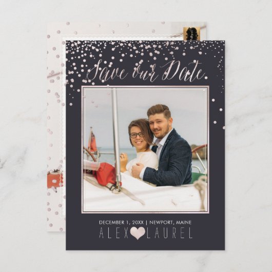 PixDezines Bewaar de datum/Blush Roze Confetti Aankondigingskaart (Voorkant / Achterkant)