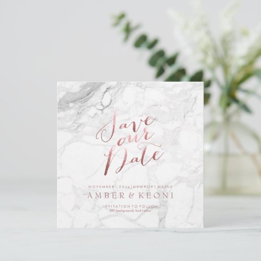PixDezines Bewaar de datum Faux Roos Gold + Marble Save The Date (Staand voorkant)