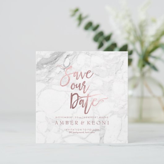 PixDezines Bewaar de datum Faux Roos Gold + Marble Save The Date (Staand voorkant)