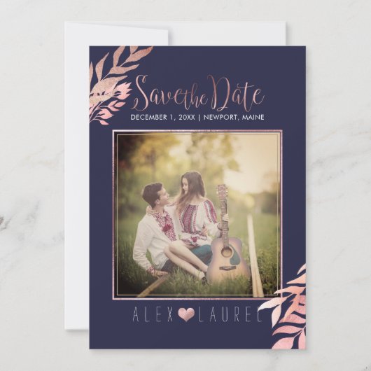 PixDezines Bewaar de datum/Faux Roos Goud Bladgroe Kaart (Voorkant)